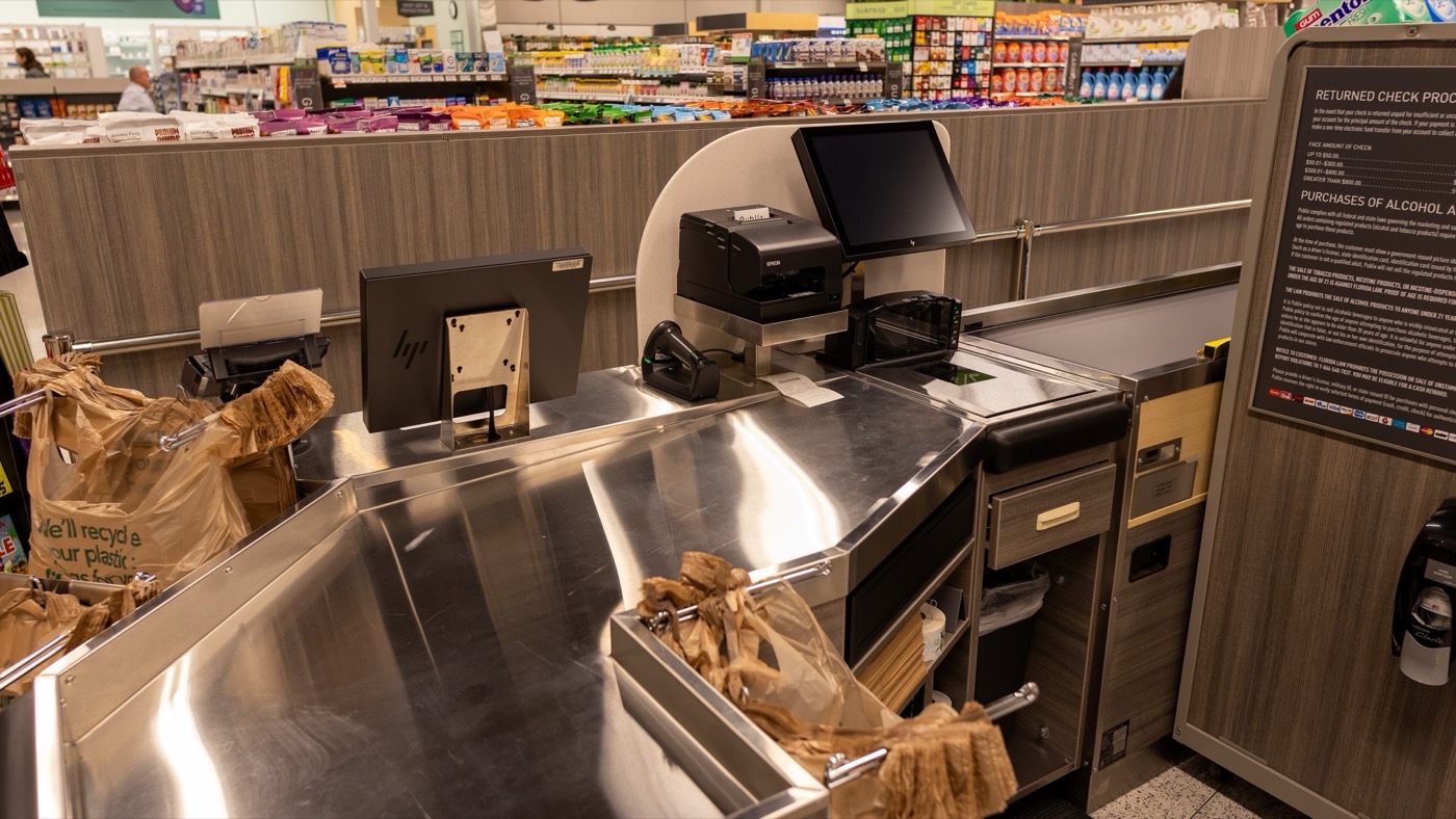 A supermarket checkout aisle
